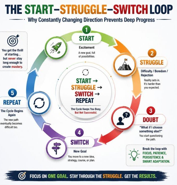 Start struggle switch loop showing why people repeatedly change goals