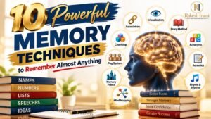 10 powerful memory techniques including association, visualisation, storytelling, chunking, peg system, memory palace, acronyms, rhythm, acrostics, and mind mapping.