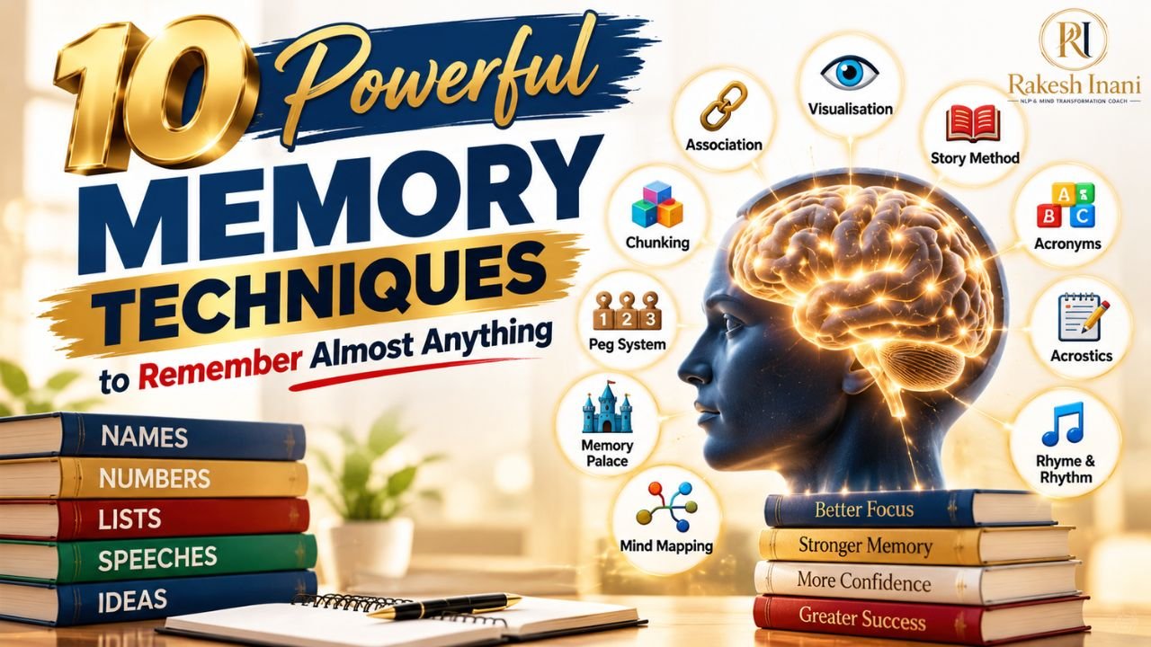 10 powerful memory techniques including association, visualisation, storytelling, chunking, peg system, memory palace, acronyms, rhythm, acrostics, and mind mapping.
