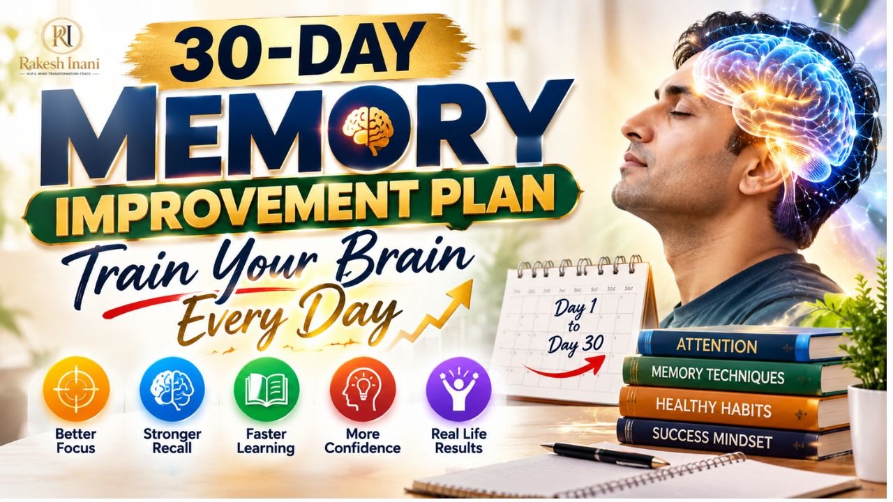 30-Day Memory Improvement Plan by Rakesh Inani with brain training, stronger recall, better focus, faster learning, and daily memory techniques in a premium design.