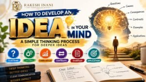 Rakesh Inani explains how to develop an Idea in Your Mindthrough six thinking lenses—questions, causes, consequences, contrasts, examples, and applications—for deeper thinking and clearer communication.