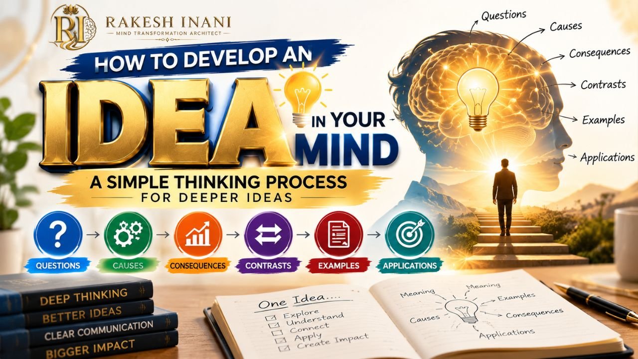 Rakesh Inani explains how to develop an Idea in Your Mindthrough six thinking lenses—questions, causes, consequences, contrasts, examples, and applications—for deeper thinking and clearer communication.
