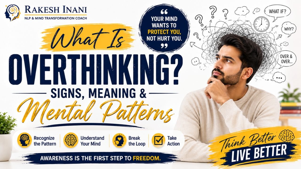 overthinking, what is overthinking, overthinking meaning, signs of overthinking, causes of overthinking, mental health, mindset, NLP, mind transformation, self improvement, personal growth, anxiety, worry, rumination, self doubt, confidence, positive thinking, emotional wellness