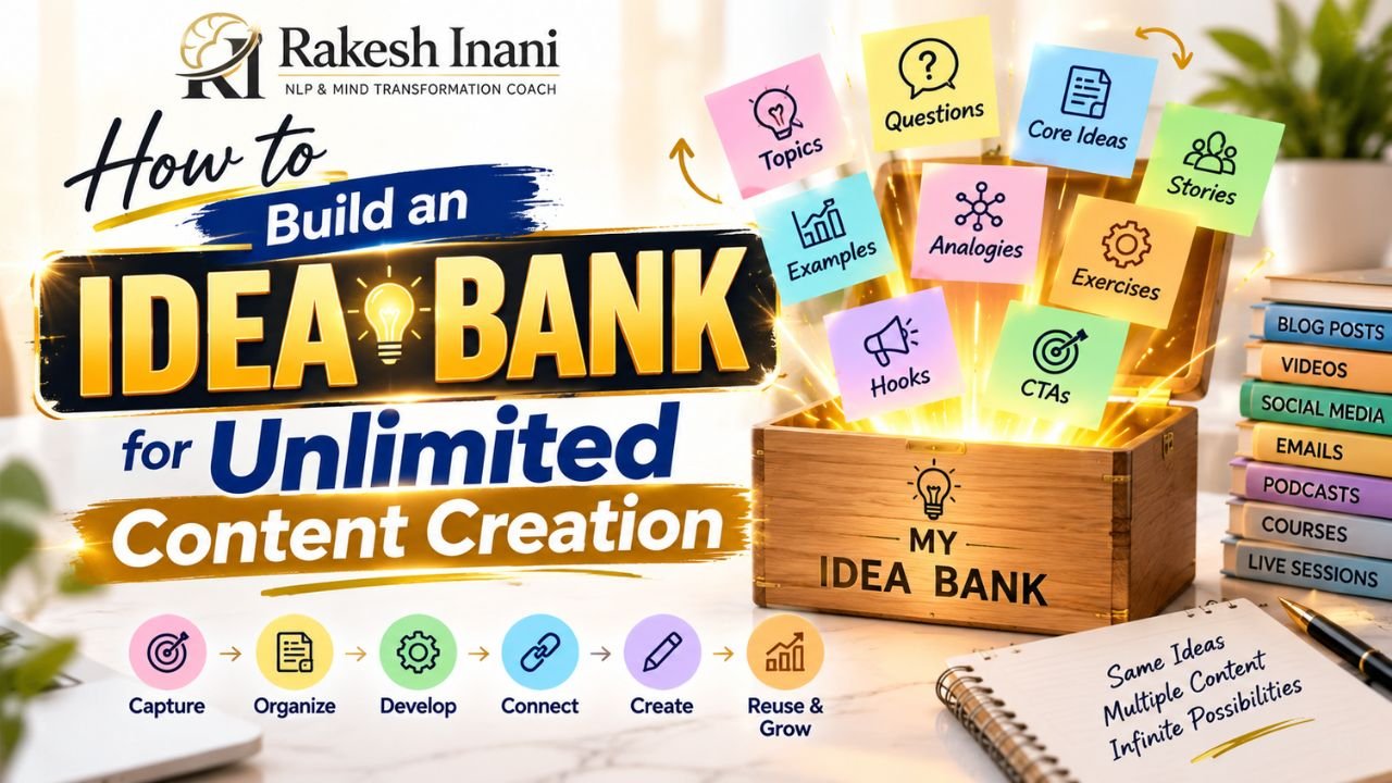 How to Build an Idea Bank for Unlimited Content Creation- How to build a content idea bank for unlimited content creation using a simple system to capture, organize, develop, connect, and reuse ideas for blogs, videos, social media, and more.