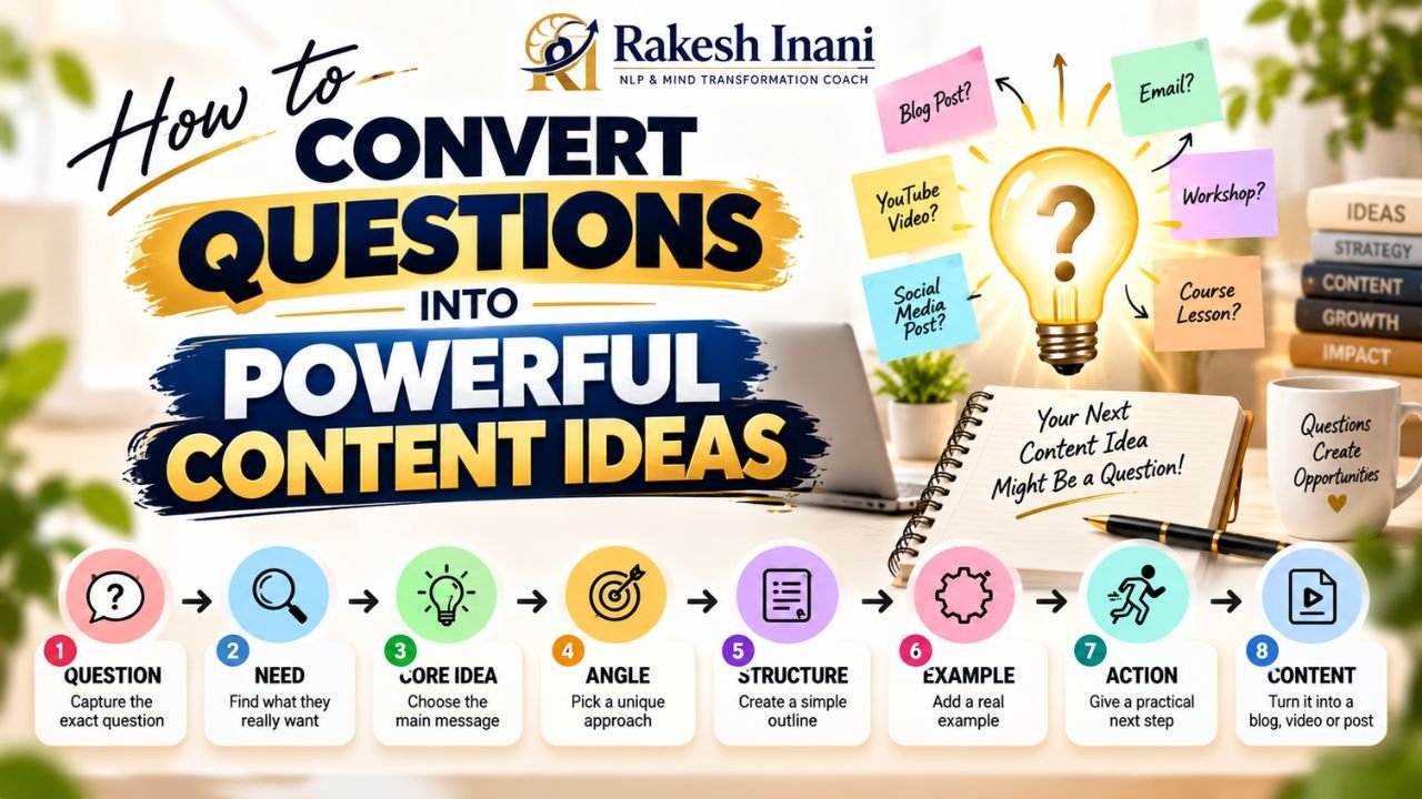 How to Convert Questions Into Powerful Content Ideas- Infographic showing how to convert audience questions into powerful content ideas through need, core idea, angle, outline, example, action, and final content.