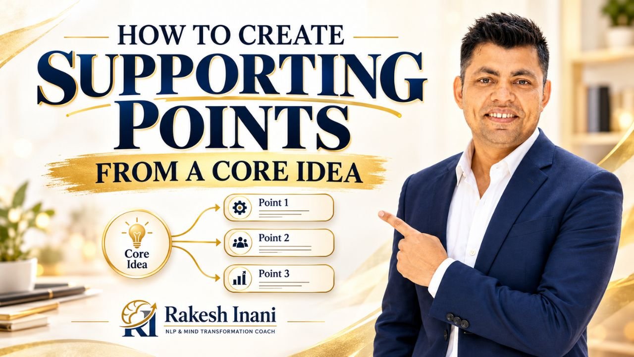 Infographic showing how to create supporting points from a core idea using questions, examples, and a six-step process for clear content writing and speaking designed by Rakesh Inani, NLP & Mind Transformation Coach