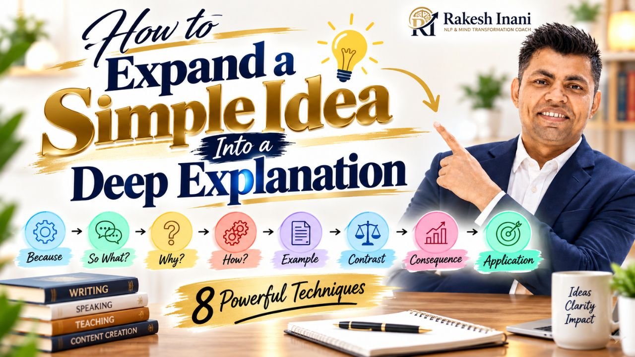 How to expand a simple idea into a deep explanation using eight techniques: Because, So What, Why, How, Example, Contrast, Consequence, and Application.