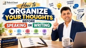 A professional visual showing how to organize thoughts before speaking or writing using a core idea, simple structure, keywords, examples, and action steps for clear and confident communication by Rakesh Inani, NLP and Mind Transformation coach