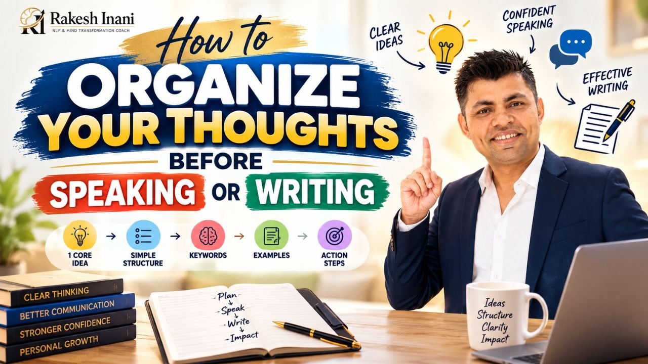 A professional visual showing how to organize thoughts before speaking or writing using a core idea, simple structure, keywords, examples, and action steps for clear and confident communication by Rakesh Inani, NLP and Mind Transformation coach