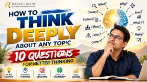 Premium visual representing how to think deeply about any topic using 10 powerful questions for clarity, critical thinking, creativity, problem-solving, and personal growth.