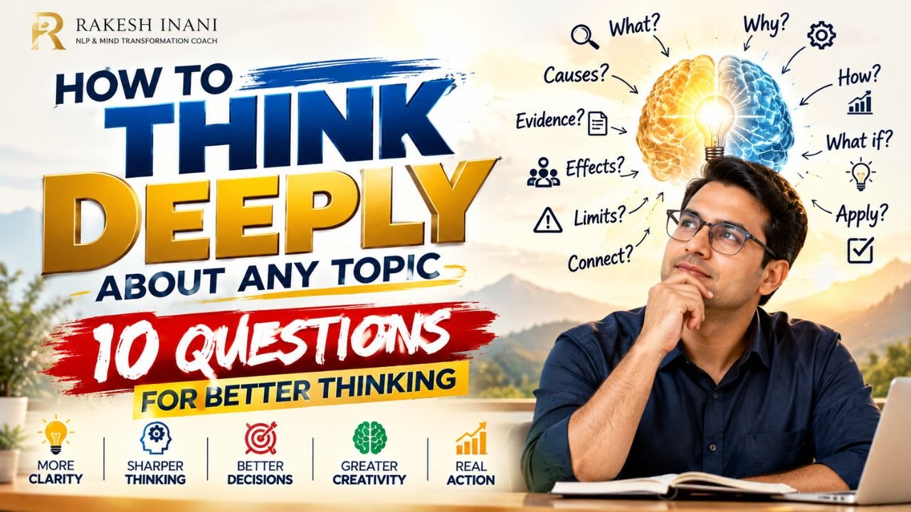 Premium visual representing how to think deeply about any topic using 10 powerful questions for clarity, critical thinking, creativity, problem-solving, and personal growth.