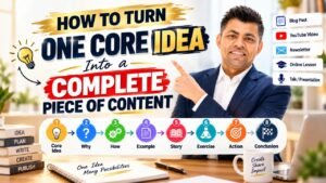 How to Turn One Core Idea Into Content using an 8-step framework: Core Idea, Why, How, Example, Story, Exercise, Action, and Conclusion for creating powerful content.
