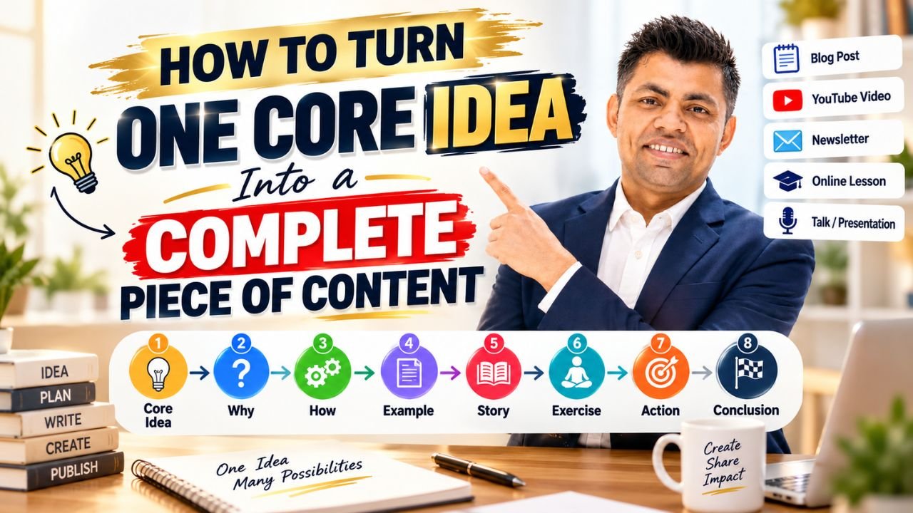 How to Turn One Core Idea Into Content using an 8-step framework: Core Idea, Why, How, Example, Story, Exercise, Action, and Conclusion for creating powerful content.