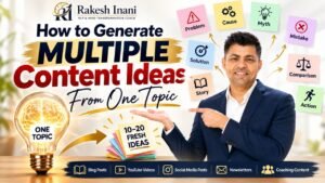 How to Generate Multiple Content Ideas From One Topic- A premium visual showing how one broad topic can generate multiple content ideas through problem, cause, myth, mistake, solution, story, comparison, and action angles.