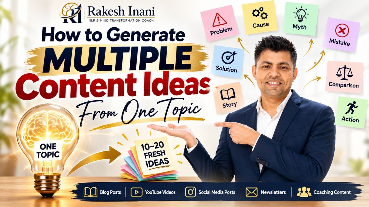 How to Generate Multiple Content Ideas From One Topic- A premium visual showing how one broad topic can generate multiple content ideas through problem, cause, myth, mistake, solution, story, comparison, and action angles.